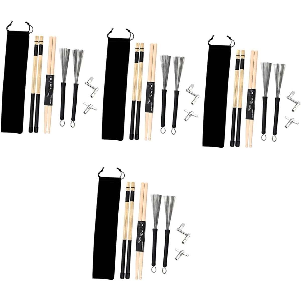 Vaguelly Set of 4 Drumsticks, Drum Brushes, Percussion Sticks, Jazz Brushes, Percussion Drum Tools, Drumstick Brushes, Drum Tuning Keys, Drum Keys, Drum Cleaning Tools