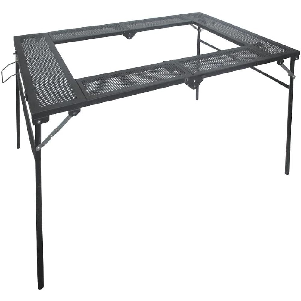 Onoe Seisakusho (ONOE) Folding BBQ Table T-4683-II Encloses a BBQ stove or bonfire Standing/sitting cooking possible 117 x 80 x 30/70 cm (height adjustable in 2 levels) Camping table Outdoor table + Folding fire grill 35 + multi hanger