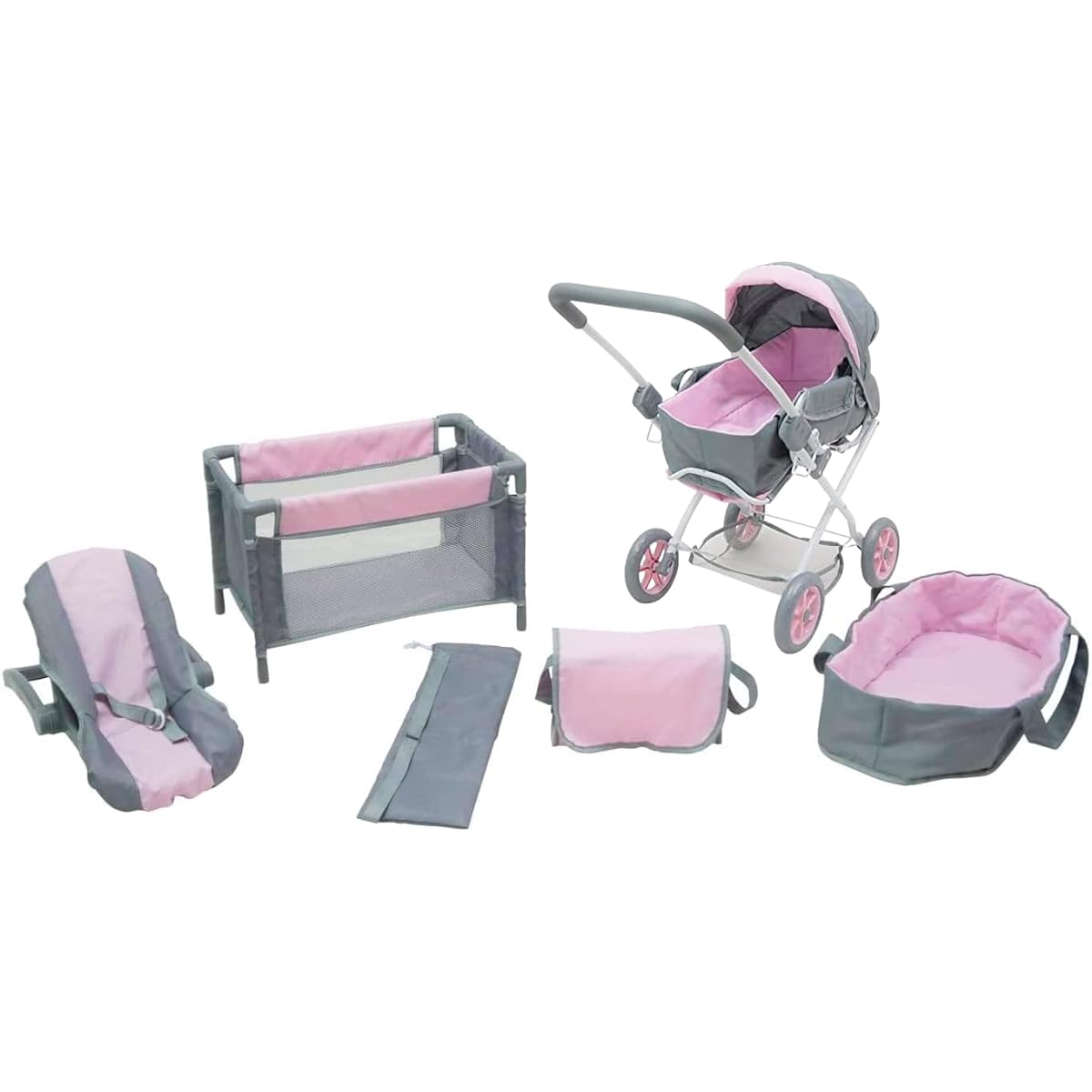 KOOKAMUNGA KIDS 5 Piece Baby Doll Stroller Set - Baby Doll Accessories - Baby Doll Playset with Crib and Car Seat - Playpen - Carry Cot - Diaper Bag - Ages 3+ - Deluxe Grey/Pink