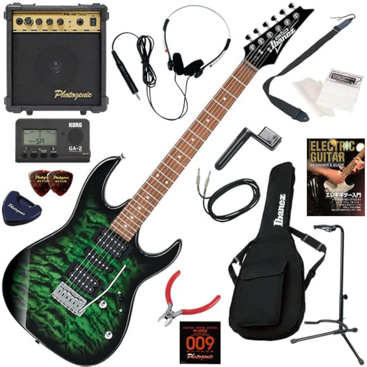 Ibanez Electric Guitar Beginner's Guide GIO Series Standard 15-piece Set with 10w Amp GRX70QA/TEB (Transparent Emerald Burst)