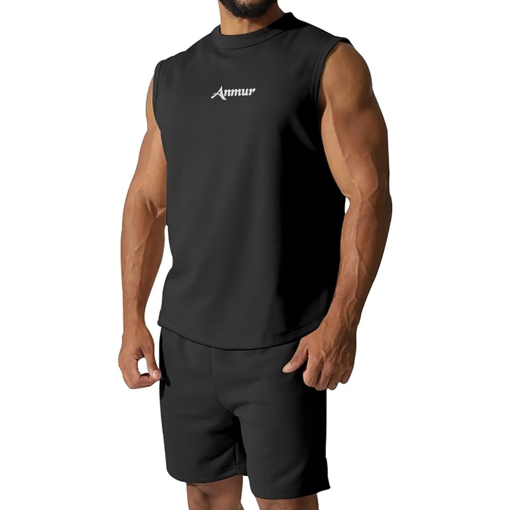 [Anmur] Jersey Top and Bottom Set Men's Summer Clothes Tank Top + Shorts Running Training Comfortable with Pockets Waist Plain Adjustable Breathable Casual Training Top and Bottom Sweatshirts