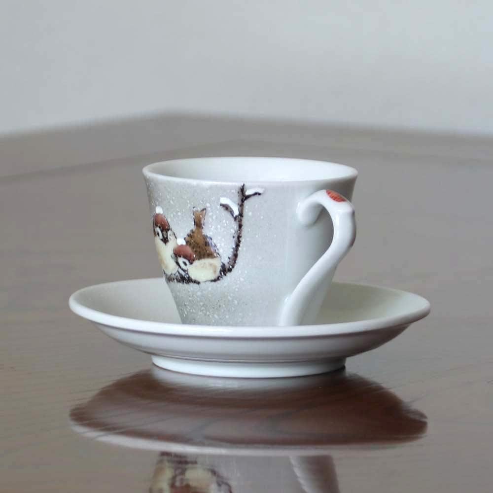 Toshito Nakamura Kutani ware coffee cup and saucer snow sparrow illustration porcelain made in Japan