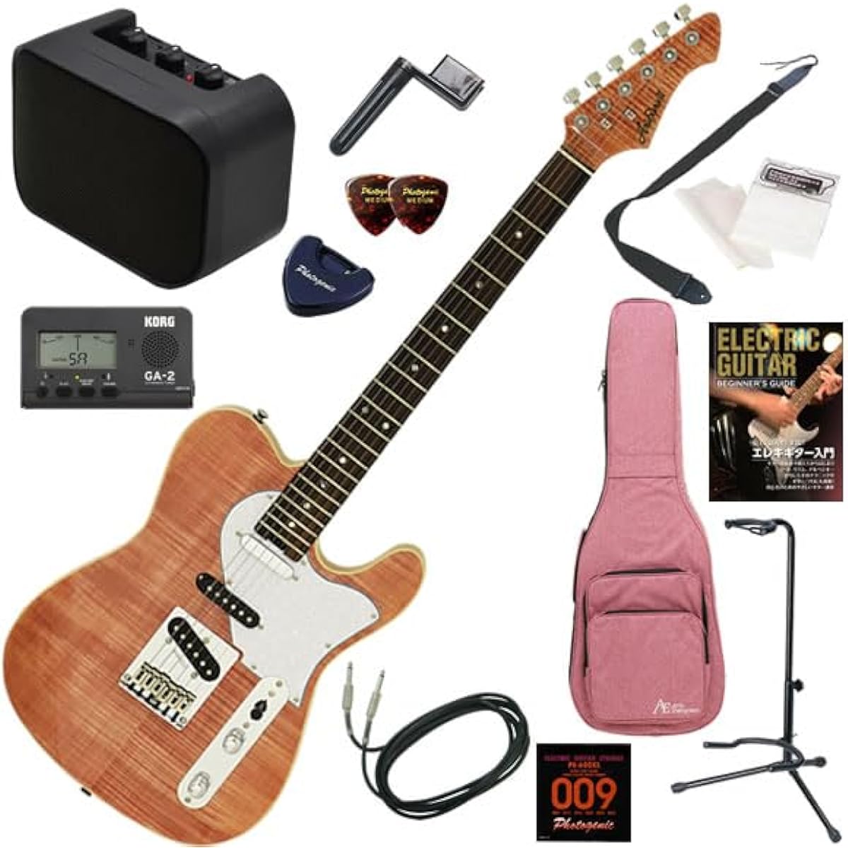 AriaPro2 Electric Guitar Beginner's Guide 13-piece Set with Mini Amplifier 615-AE200/MP (Misty Pink)