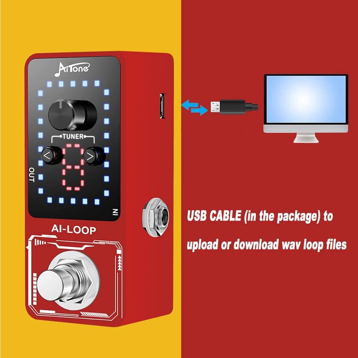 Guitar Looper Pedal with Tuner, 9 Loops, Effect Pedal with USB Cable, for Electric Guitar, Bass, Recording Time: 40 Minutes