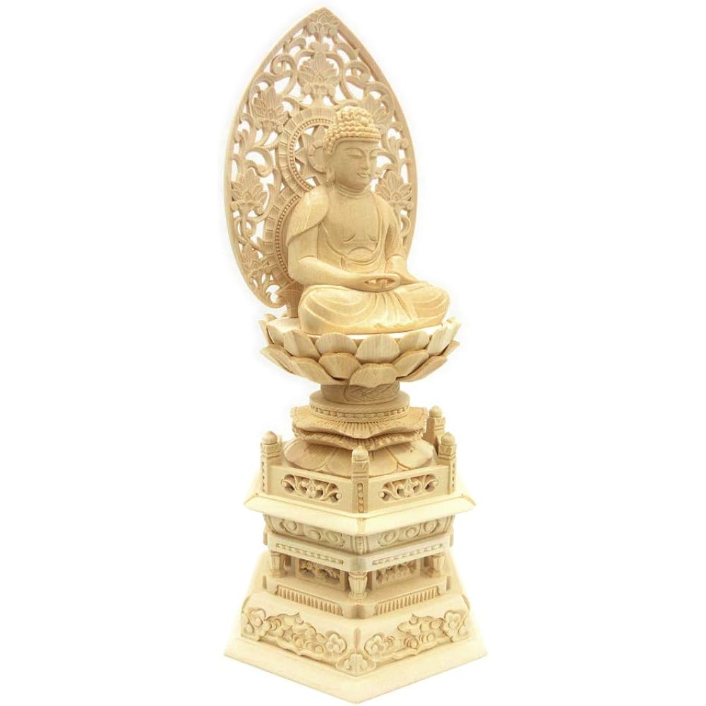 Kurita's special Buddha statue [Tathagata] Amida Nyorai seated statue 2.5 dimensions (total height 29 cm, width 13.5 cm, depth 10 cm) Grass halo Hexagonal stand High quality wood carving made of Japanese cypress 605