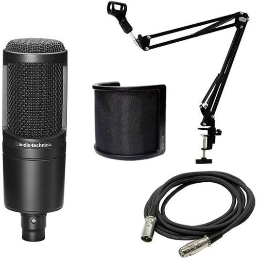 Audio-Technica AT2020 Condenser Microphone + Pop Filter + Black Arm-Type Microphone Stand + XLR Cable (3m) Set (Telework/Work from Home/Live Broadcast/Recording/Podcast/Commentary/Gaming)