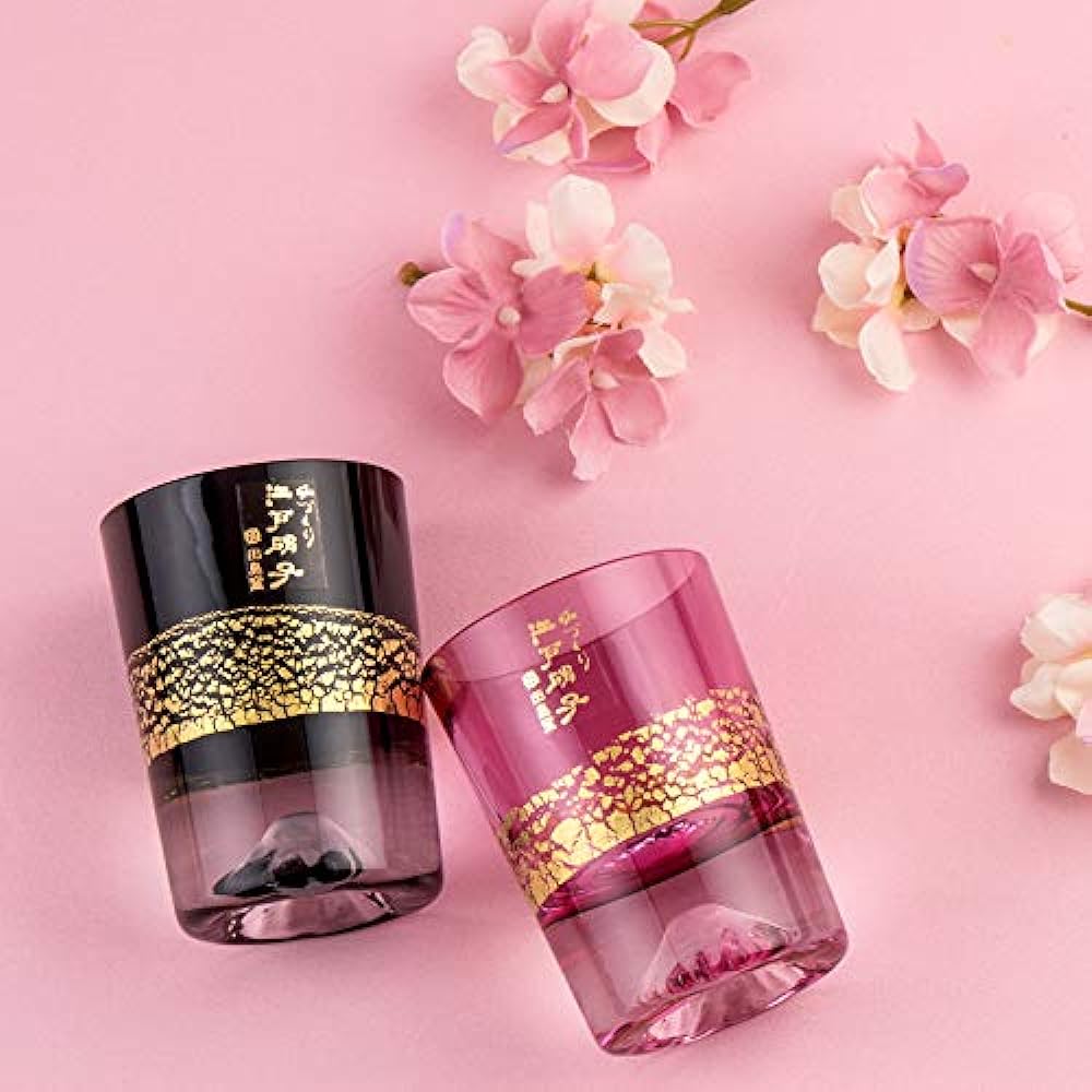 Mt. Fuji Glass Tajima Glass Gold Leaf Fuji Cold Sake Cup Cherry Blossom (Red Gold/Pink) IN JAPAN Made in Japan Souvenir Grand Prix, Paulownia Box, Thirty-Six Views of Mt. Fuji Postcard included TG20-016-1GP×TG20-016-1GK