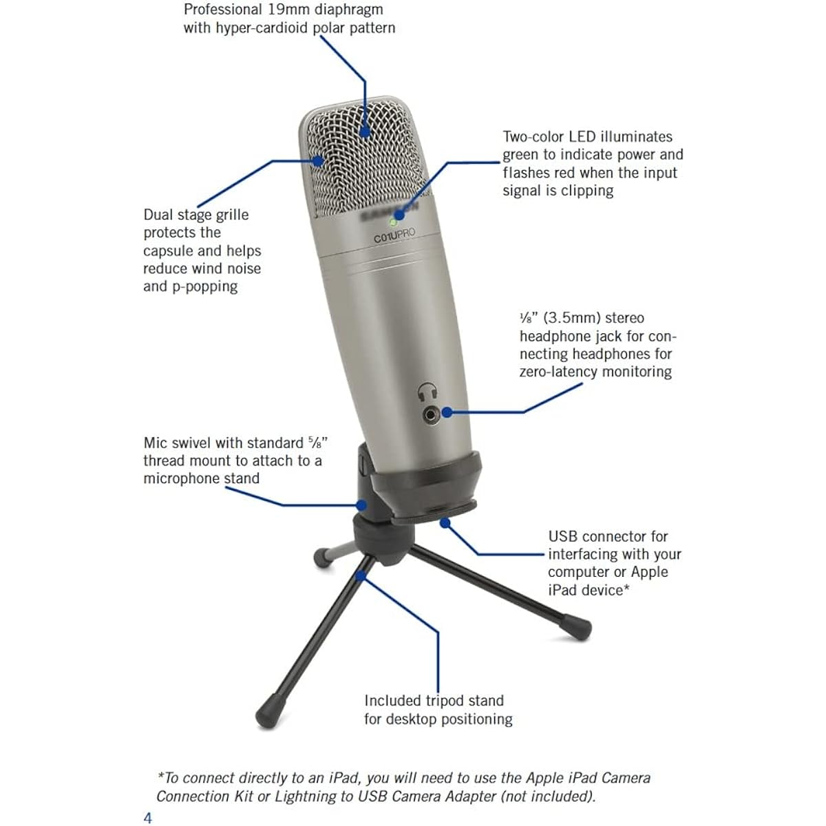 Microphone, USB Recording Studio Condenser Microphone, Broadcast Large Diaphragm Condenser Microphone with Real-time Monitor (A, Size)
