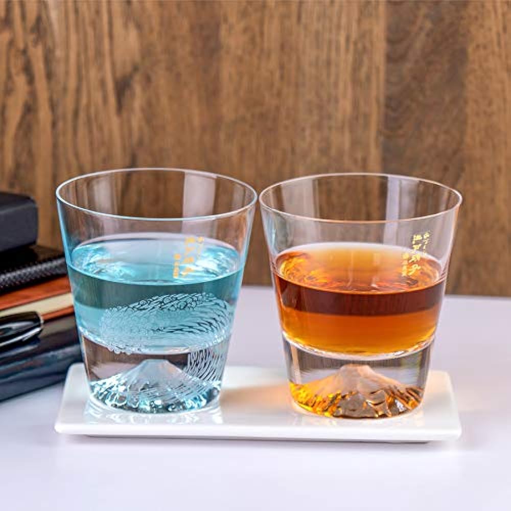 Edition Tajima Glass Mt. Fuji Glass Mt. Fuji Rocks Glass (Plain) x Wave Fuji Rocks Glass Pair Set of 2 Souvenir Grand Prix Edo Glass Kiriko Mt. Fuji Whiskey Glass Rocks Glass Sake Foreign Overseas Souvenir Celebration Gift Present Popular MADE IN JAPAN