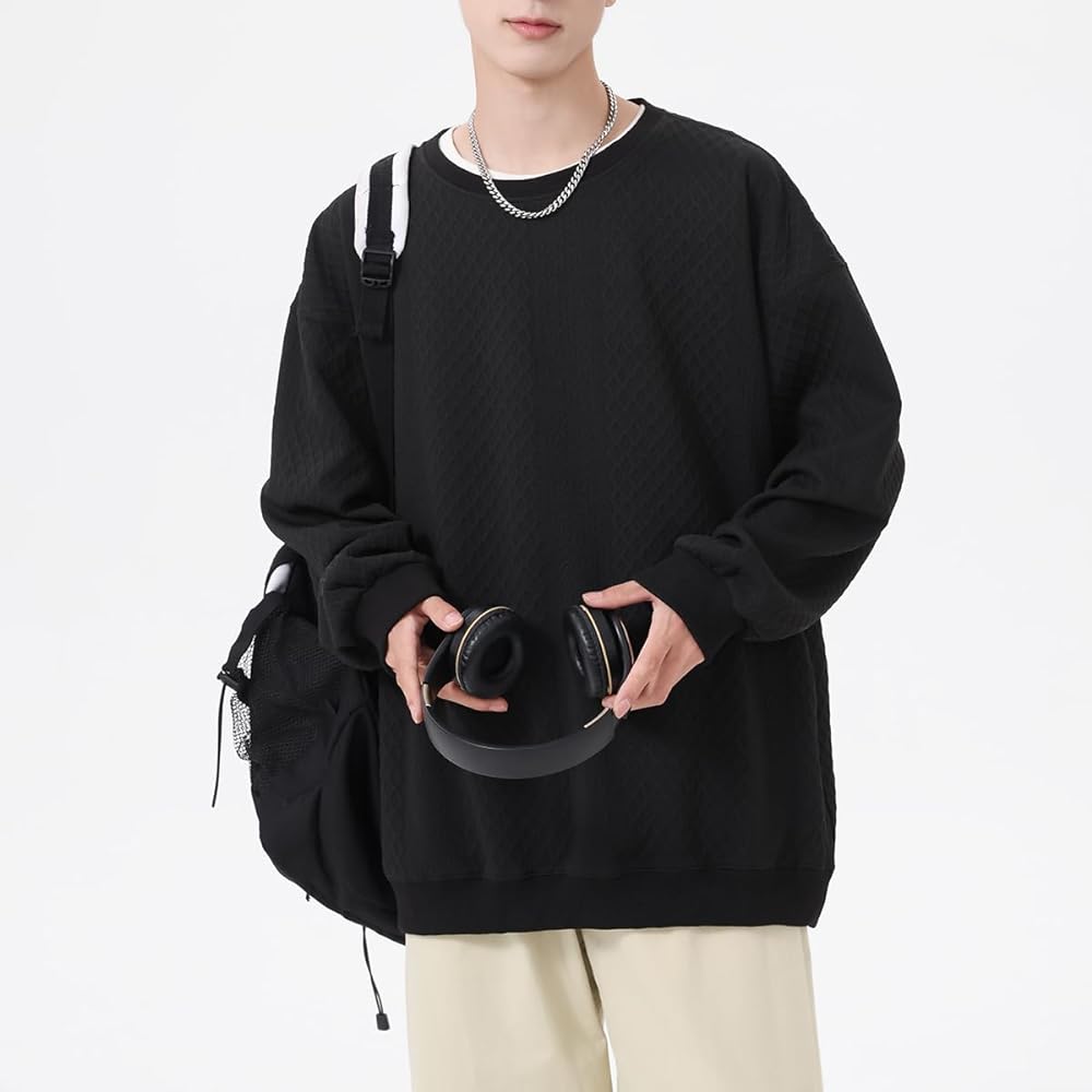 [Easykode] Sweatshirt, Men's, Autumn Clothing, Stylish, Pullover Parka, Elegant, Bulky Jacquard, Large Size, Clothes, Plain, Top, Dry, Stretch, Long Sleeve T-Shirt, Loose Sweatshirt, Unisex, Autumn, Winter, Spring