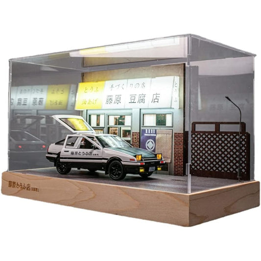 1/28 Initial D Black-White AE86 Alloy Japanese Car Model Trueno Metal Diecast Pull Back Supercar Boys Building Decoration Scene (Black) (1:28 Building)
