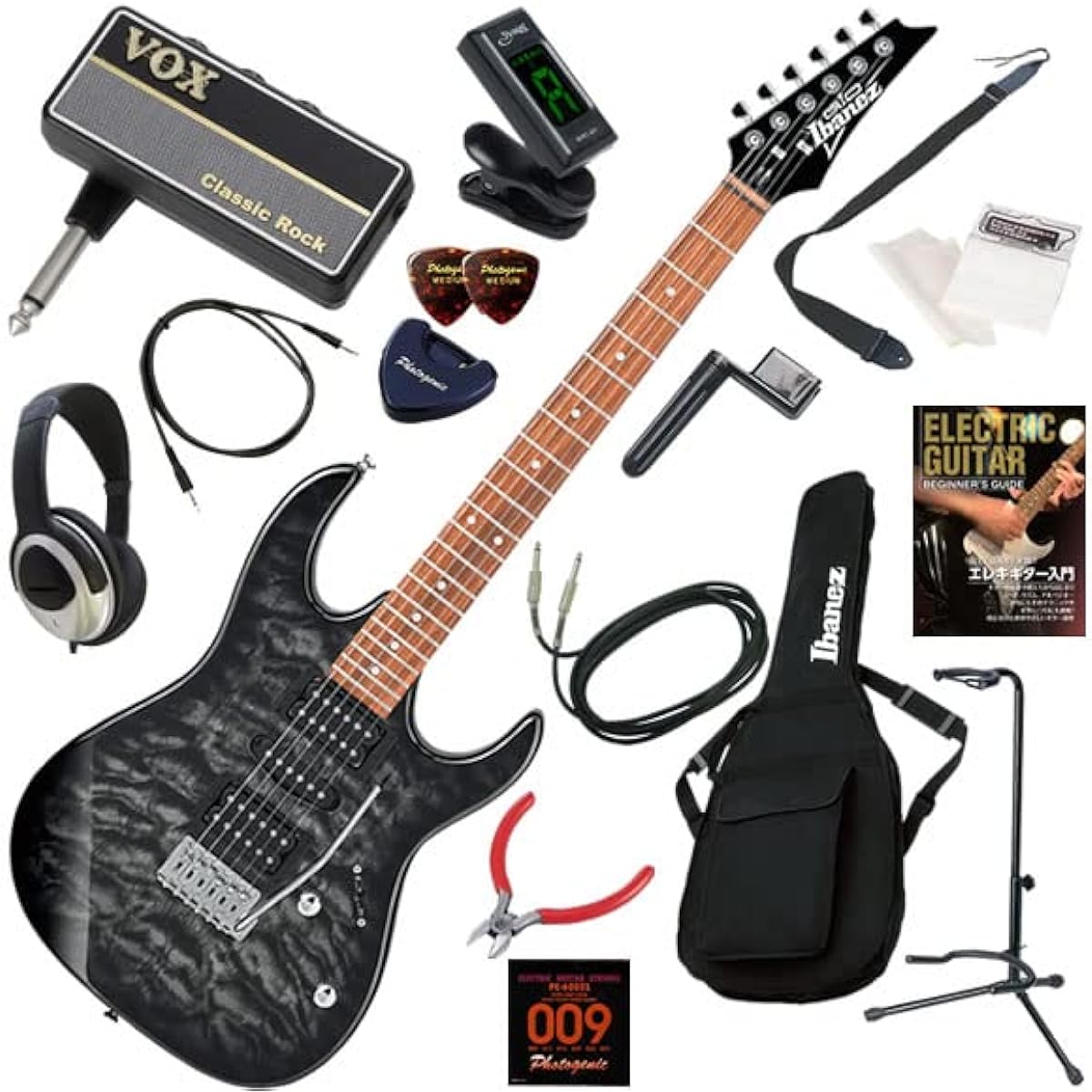 Ibanez Electric Guitar Beginner's 16-piece Set Including Headphones, Guitar, and AmPlug2 Amplifier GRX70QA/TKS (Transparent Black Sunburst)