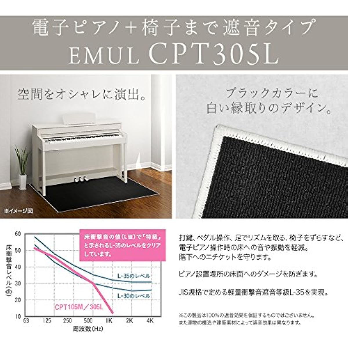 EMUL CPT305L Soundproof Mat for Electronic Piano Milky Black Color (EMUL Sound Insulation Anti-Vibration Carpet)