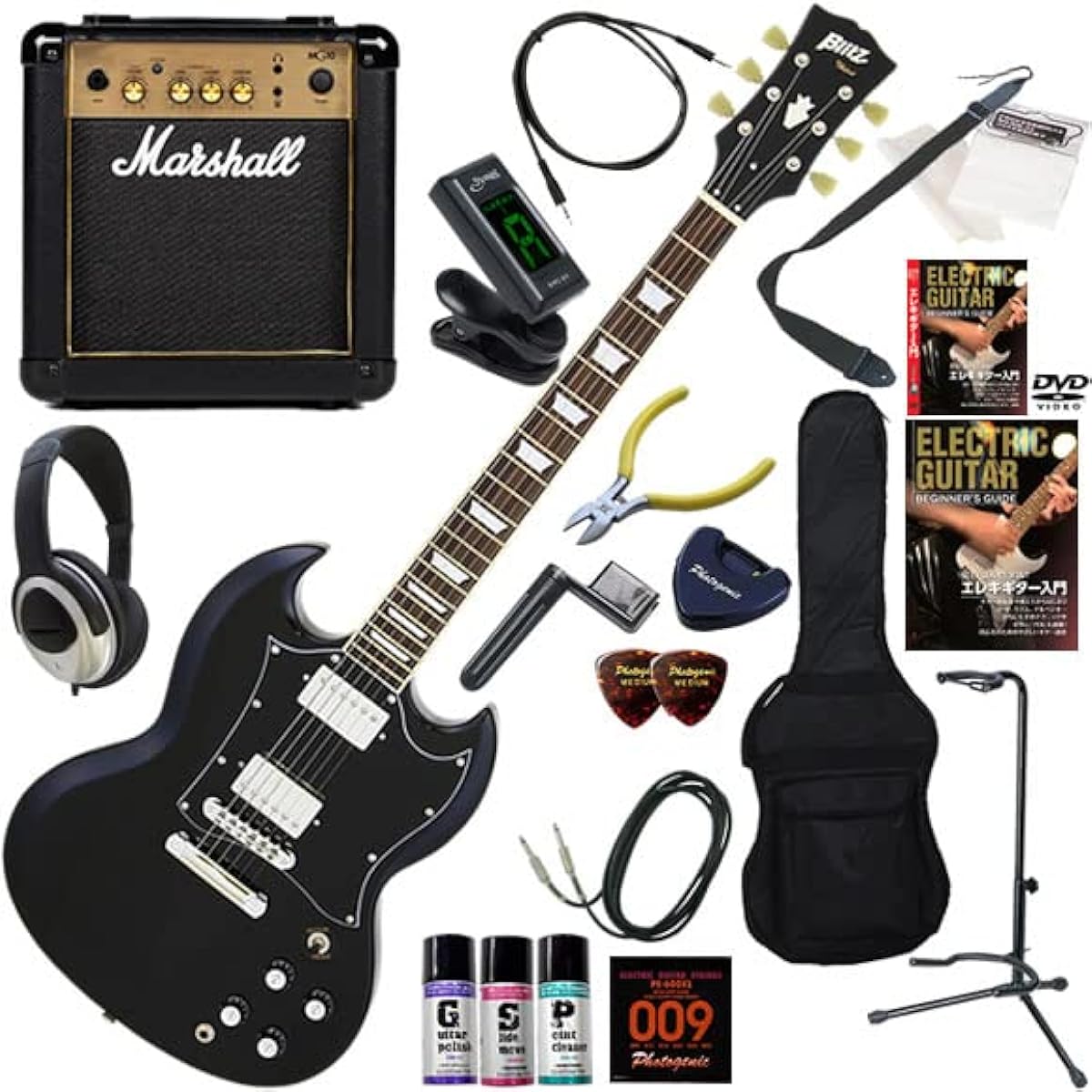 Blitz Electric Guitar Beginner's 20-piece set including the simple yet powerful Marshall MG10 BSG-STD/BK (Black)