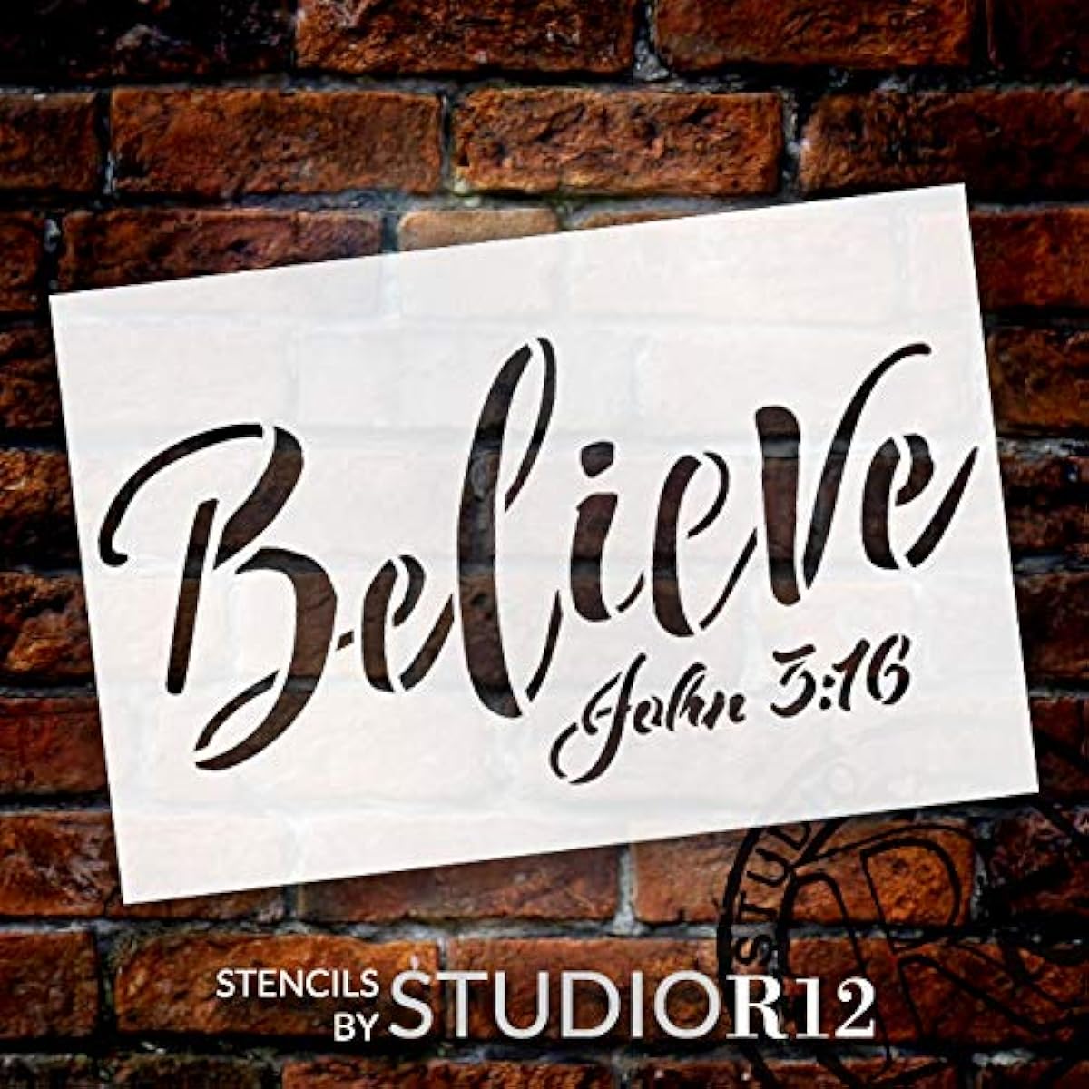 StudioR12 Believe John 3:16 Stencil | Christian & Inspirational Wall Art | Rustic Farmhouse Face Decorations | Painted Wood Signs | Reusable Mylar Template | DIY Home Crafts | Choice of Sizes 12" x 8" STCL2977