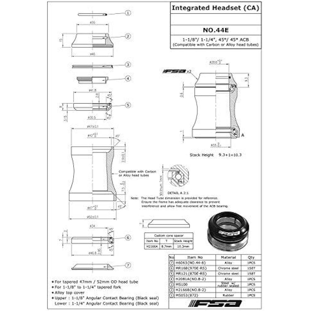 FSA Orbit C-33 Integrated Headset Fit 1-1/8Inches to 1-1/4Inches Tapered, Black, NO.44E, XTE1591
