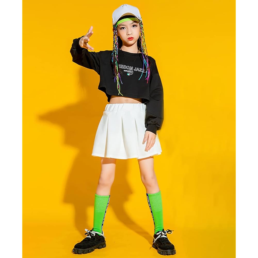 [YuWan] Dance Costume, Kids Setup, Girls' Skirt, Long Sleeve, Sweatshirt, Navel Baring, Top and Bottom Set, Girls' Jersey, Dancewear, Jazz Dance Clothes, Hiphop, Children, Korean Clothes, Stylish