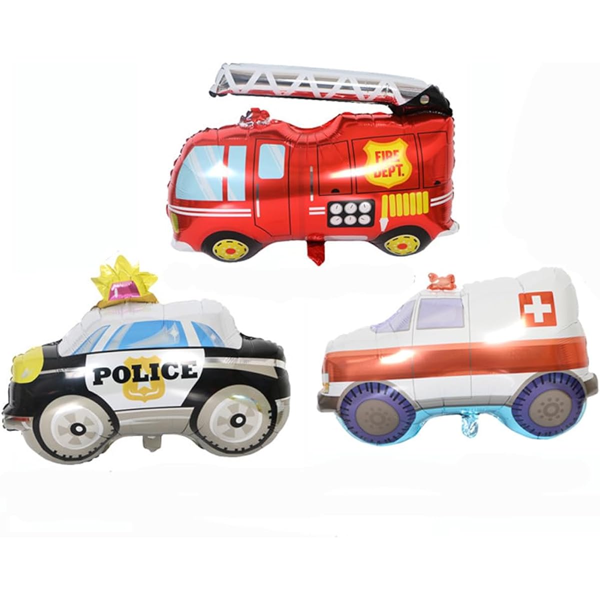 Morndew 7pcs Fire Truck Police Car Ambulance School Bus Tank Train Foil Balloons Car Balloons for Kids Birthday Party Baby Shower Decorations