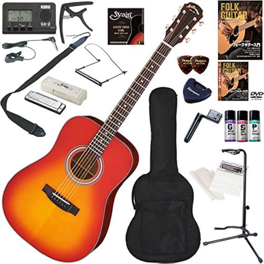 ARIA Acoustic Guitar Beginner's Set, the Ultimate 19-piece Set Including Harmonica, AD-211/CS (Cherry Sunburst)