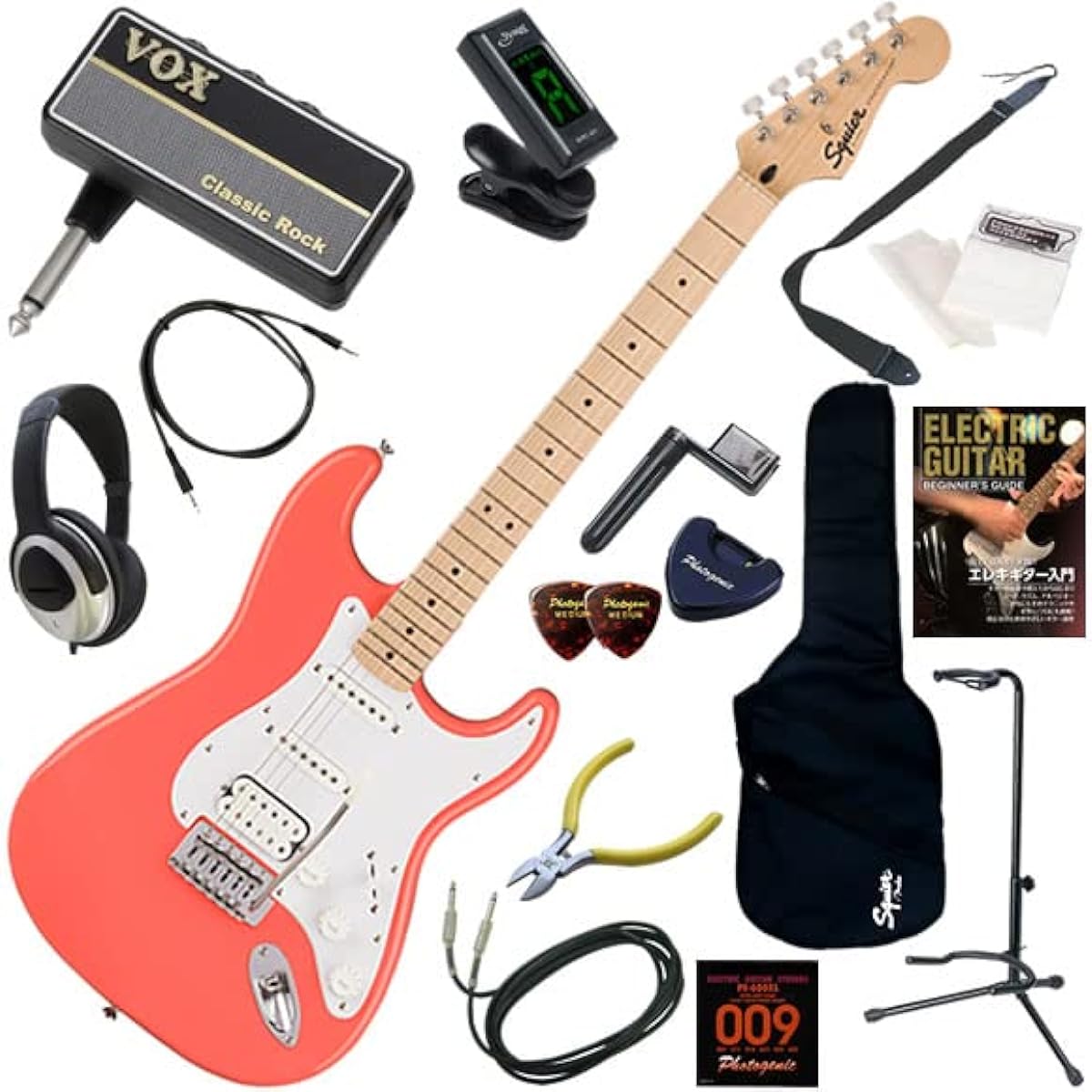 Squier Electric Guitar Beginner's Set 16-piece Set Including Headphones, Guitar, and AmPlug2 Amplifier Sonic Stratocaster HSS/TCO (Tahitian Coral)