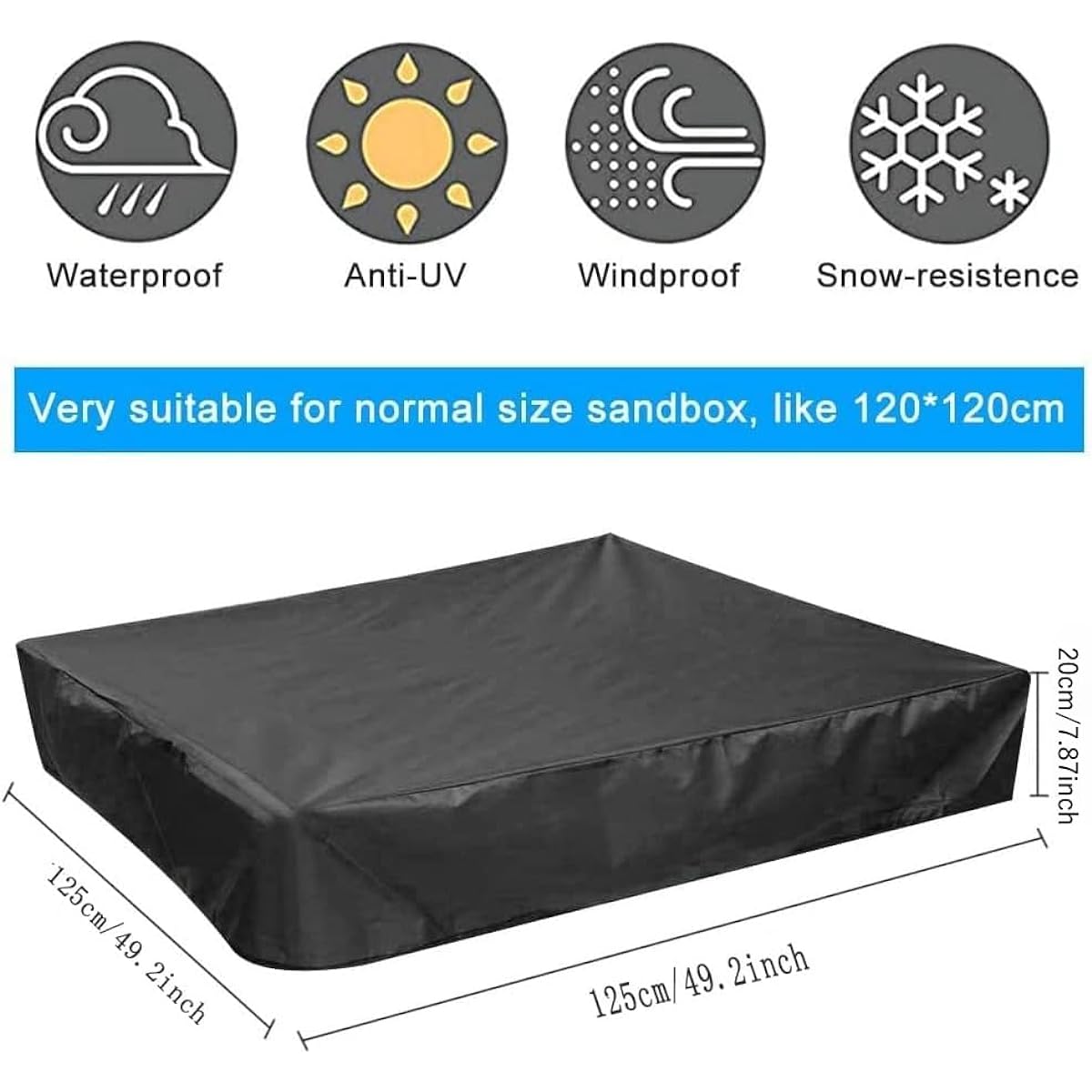 PERFETSELL Sandbox Cover Square Waterproof Sand Pit Cover Dustproof Protection 120x120cm Sandpit Pool Cover Black Sandbox Canopy with Drawstring Avoid the Sand and Toys Contamination