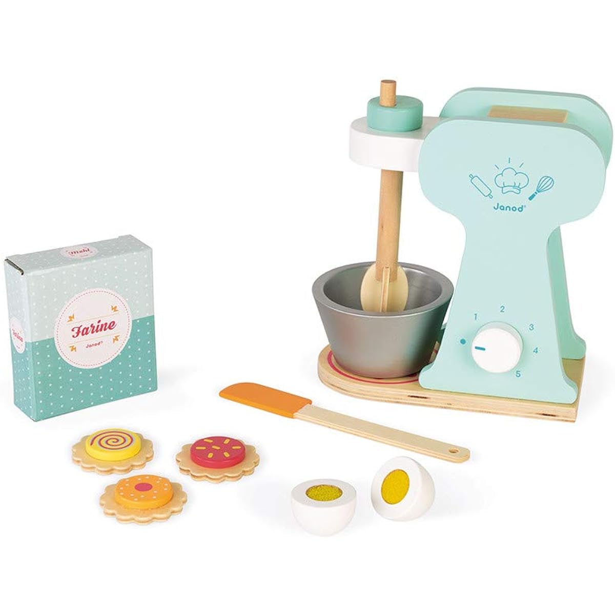 Janod Wooden Little Mixer Set, Kitchen Make Believe Toy, Includes 6 Accessories, For Ages 8+ J06605 White