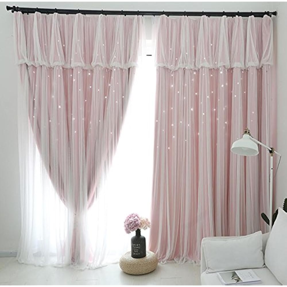 KOUSO Stylish curtains! Openwork Star Pattern Blackout Curtains, Stars, Stylish, Decorative Home, Children's Room, Living Room, UV Protection, Blindfold, Set of 2 (Pink, Width 100cm x Length 178cm)