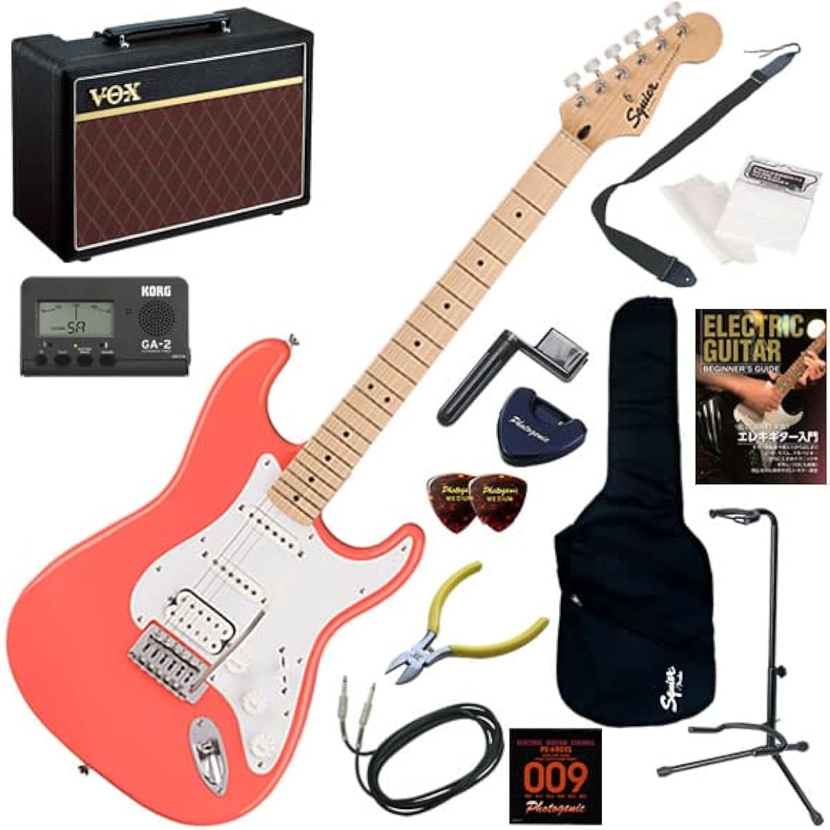 Squier Electric Guitar Beginner's Set: 14-piece set including VOX Pathfinder10, Sonic Stratocaster HSS/TCO (Tahitian Coral)