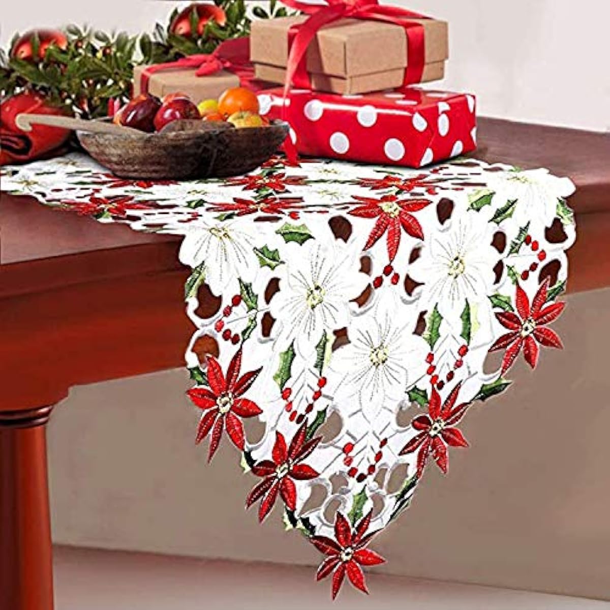 QTMY 2 Pack Christmas Embroidered Table Runners with Luxurious Holly Poinsettia for Christmas Decorations 15 x 70 inch/15 x 80 inch