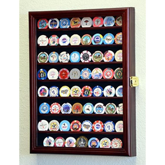 64 Casino Chip Coin Display Case Cabinet Chip Holder Wall Rack UV98% Cherry