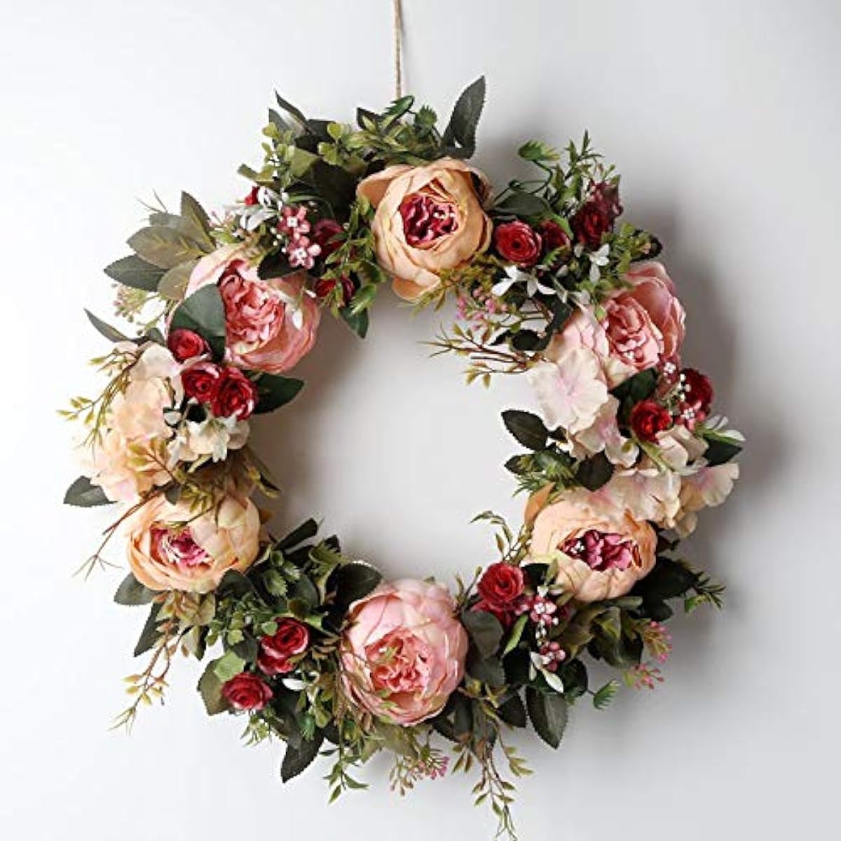 Peony Spring Wreath for Front Door Handmade Pink Floral Wreath Artificial Spring Garland Wreath for Entrance Wall Wedding Party Home Decor