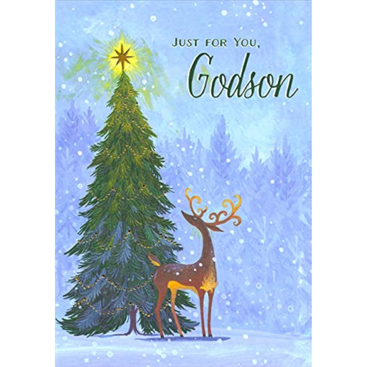 Designer Greetings Deer Tall Evergreen and Shining Star Blue Godson Christmas Card