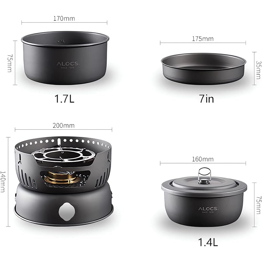 Alocs Camping pot set CW-C05 Camping cooker set For 2 to 4 people Alcohol burner (CW05 + additional chopsticks)