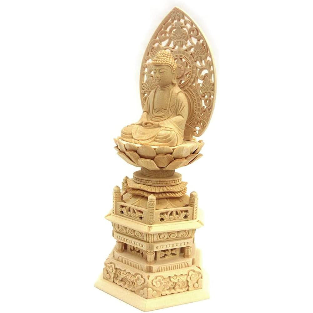 Kurita Buddha Statue Brand [Tathagata] Shakyamuni Buddha Seated Statue Made of Cypress Wood High Quality Wood Carving Grass Halo Hexagonal Stand (2.0 inch) 531