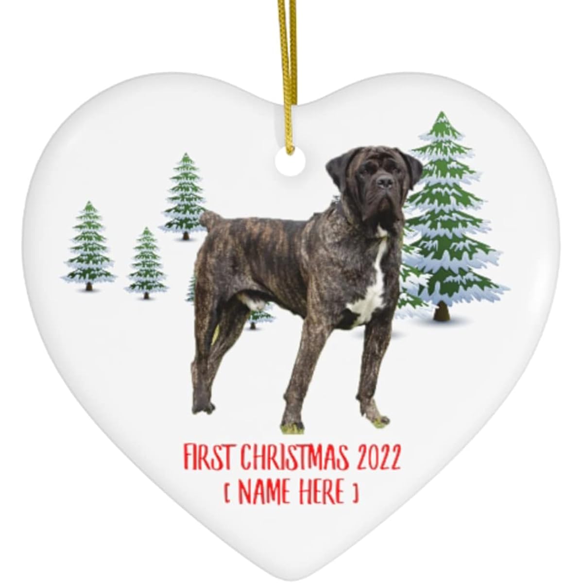 Personalized Name Custom Year Cane Corso Brindle First 2023 Christmas Tree Ornament Gift Decor Winter Landscape Heart Ceramic