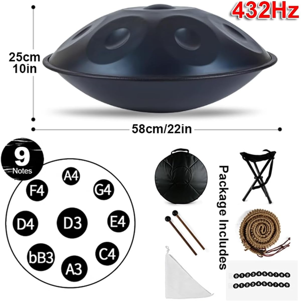 Handpan Drum 432Hz/440Hz 22"/58cm D Minor Scale Steel Drum with Soft Handpan Bag, 2 Handpan Mallets, Handpan Stand and Dustproof Cloth (Color: Silver, Size: 432Hz)