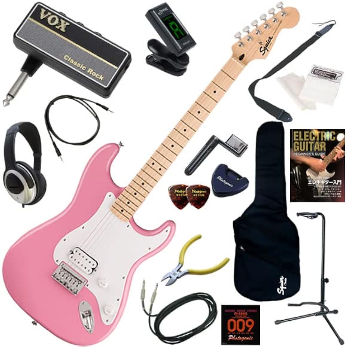 Squier electric guitar beginner's non-tremolo model 16-piece set including headphone guitar amplifier amPlug2 Sonic Stratocaster HT H/FLP (Flash Pink)