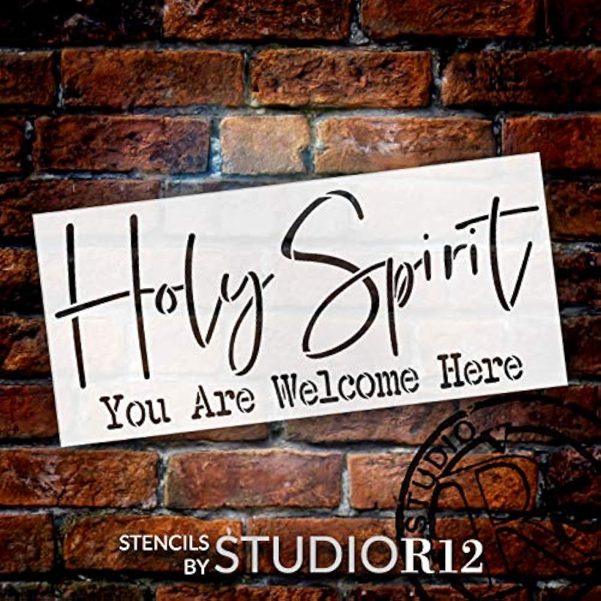 StudioR12 Holy Spirit Welcome Here Stencil | DIY Rustic Christian Faith Home Decor | Script Word Art | Craft & Paint Farmhouse Wooden Sign | Reusable Mylar Template | Select Size (12 x 5.5 inches)
