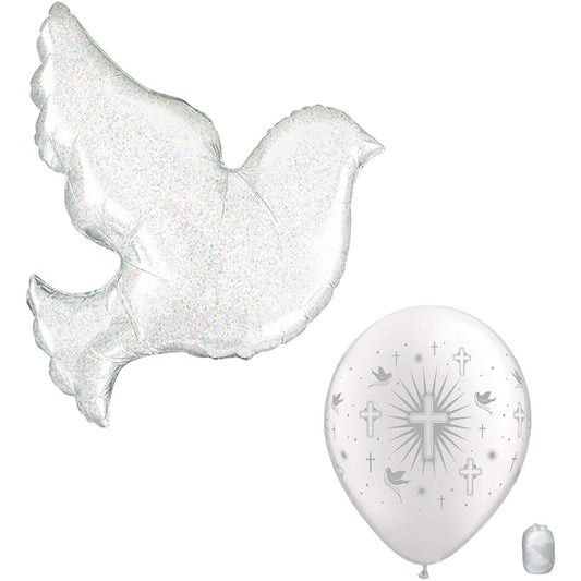 34" Pearl Dove Foil Balloons & 11" White Cross Dove Latex Balloons Set - Perfect for Wedding, First Communion, Baptism Decorations