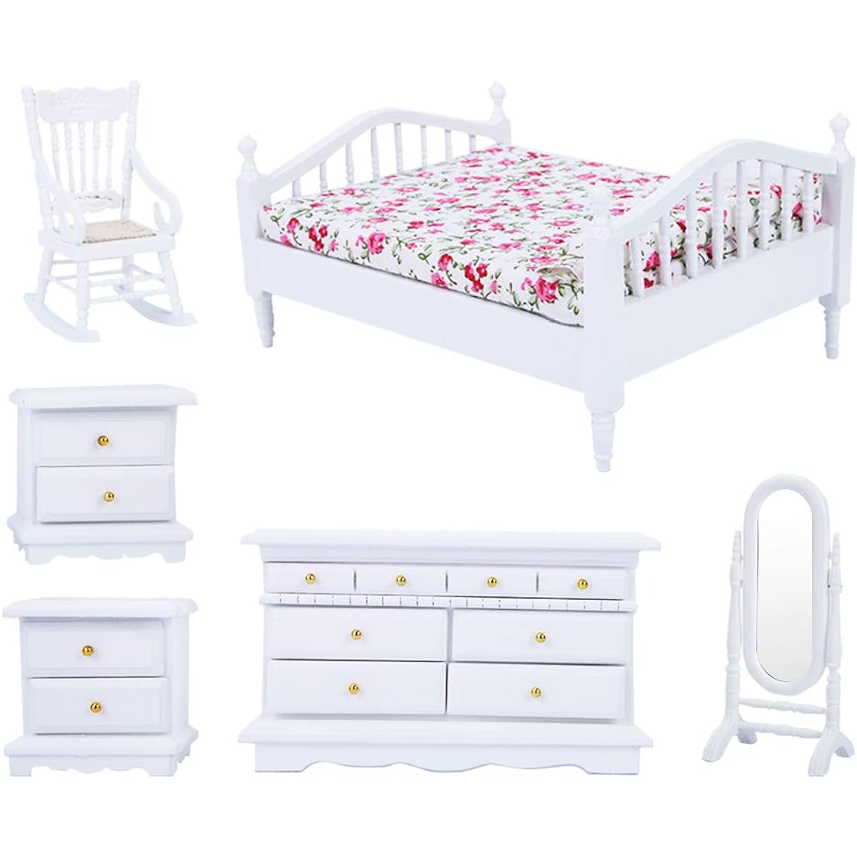 1/12 Scale Dollhouse Furniture 6 Pieces Mini Wooden White Bedroom Furniture Set Gift Toy Home Scenery Decoration Photo Props