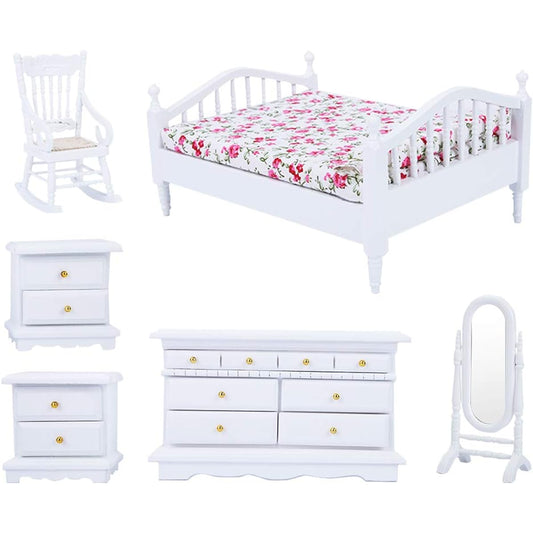 1/12 Scale Dollhouse Furniture 6 Pieces Mini Wooden White Bedroom Furniture Set Gift Toy Home Scenery Decoration Photo Props