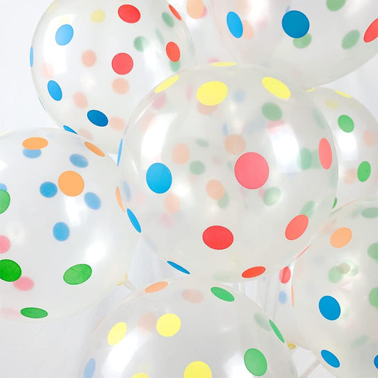 50 Pieces Polka Dot Balloons Colorful Balloons 12 Inch Rainbow Balloons Clear Latex Round Balloons with Multi Color Dots for Kids Women Men Birthday Wedding Anniversary Celebration Party Decoration (Large Polka Dots)
