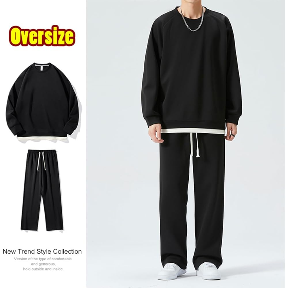 [Atkata] Room Wear, Men's, Autumn Clothing, Sweatshirt, Top and Bottom, Men's Jersey, Men's Top and Bottom Set, Loungewear, Men's Setup, Long Sleeve, Loose, Faux Layered, Plain, Stylish, Spring, Autumn