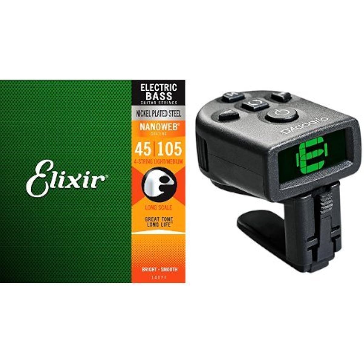 Elixir Bass Strings NANOWEB Nickel Long Scale Light/Medium .045-.105 #14077 + Planet Waves Micro Headstock Tuners