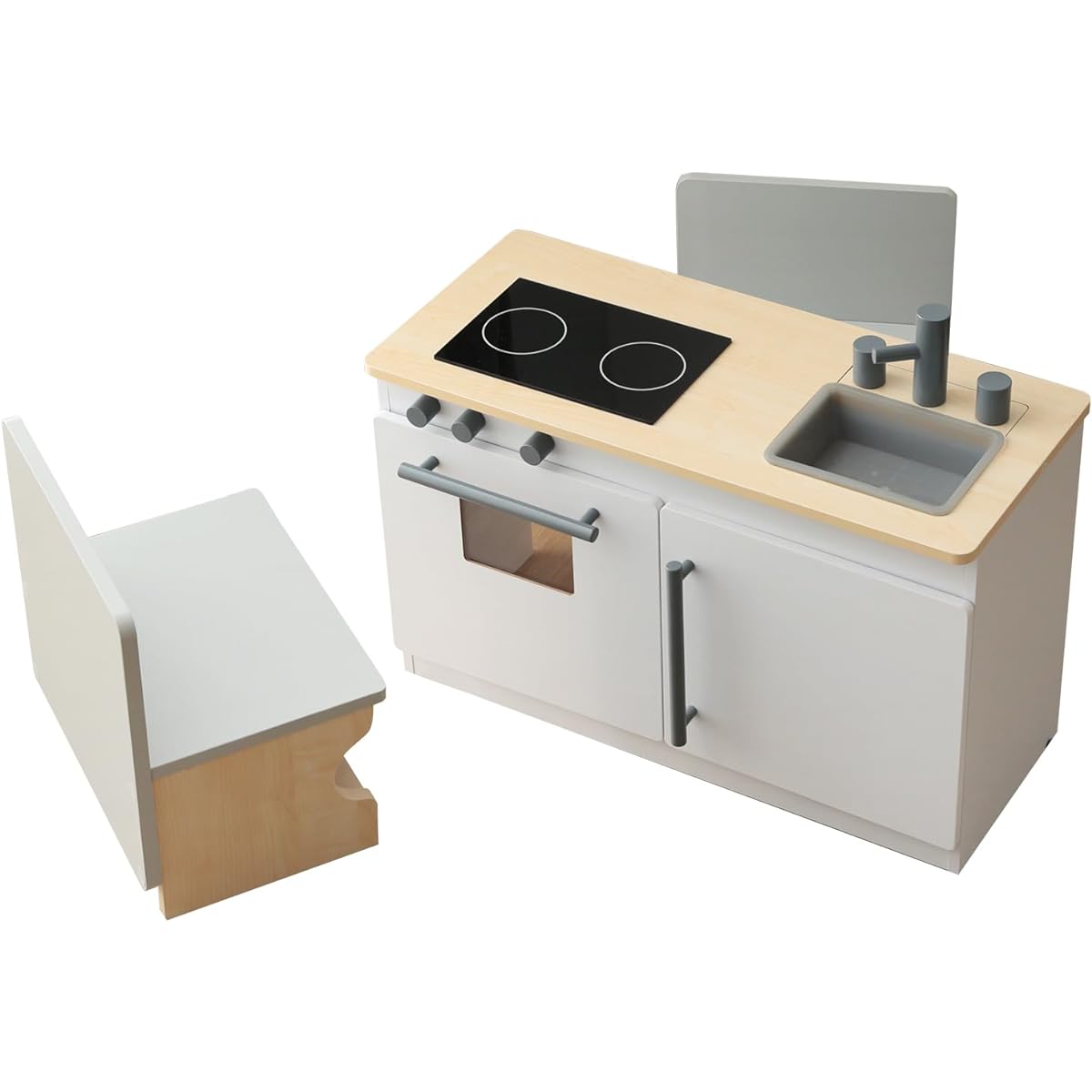 LOWYA Pretend kitchen set with chairs, pretend play, storage, wooden toys, cooking utensils, stove included, natural/white, width 80cm