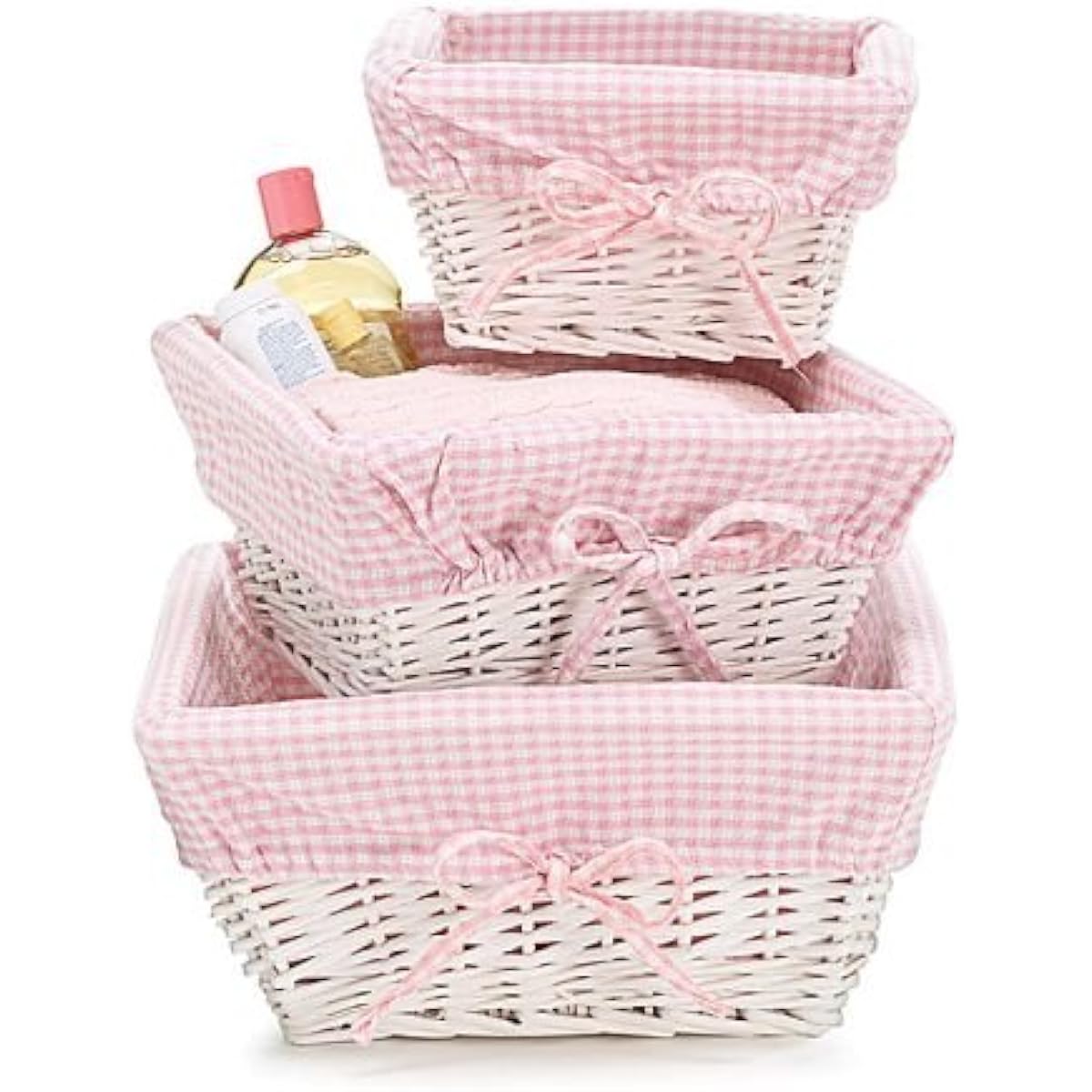 Set of 3 Baby Girl Nursery Storage Baskets - White Willow with Pink Cotton Gingham Fabric by Burton & Burton [Parallel Import]