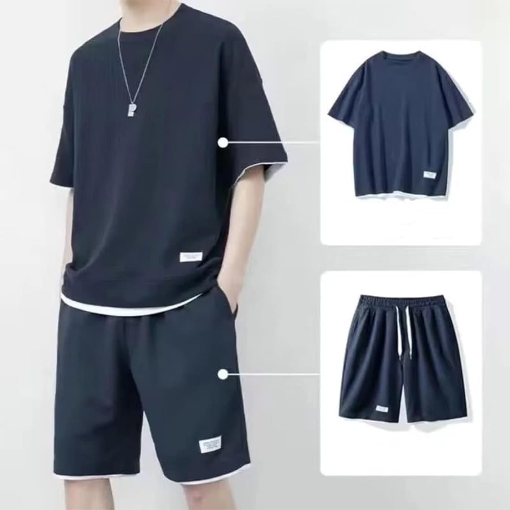 [SEGANUP] Setup Men's Summer Jersey Large Size Sweatshirt Beige Azure Loungewear Top and Bottom Set Sleepwear Room Wear Short Sleeve Shorts Stylish Loose