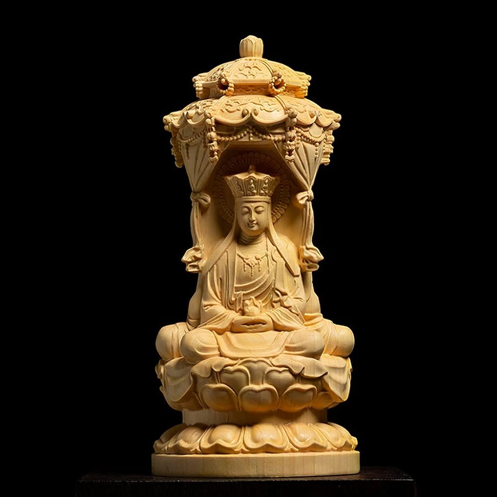 Amida Nyorai Buddha statue Wood carving Kannon Bodhisattva Jizo Bosatsu statue Wood carving Buddha statue Buddhist art work Amida Nyorai statue Yellow Yang Tsuge Pray Warm off evil Great Buddha figurine Amida Triad (Size: Height 10cm)