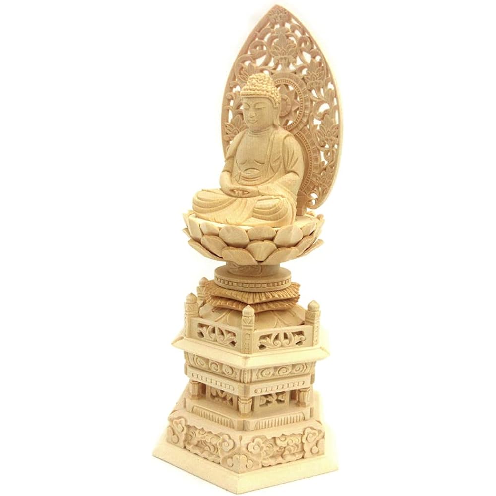 Kurita's special Buddha statue [Tathagata] Amida Nyorai Seated statue 2.0 dimensions (total height 24.5 cm, width 11.5 cm, depth 8.5 cm) Grass halo Hexagonal stand High quality wood carving made of cypress wood 610