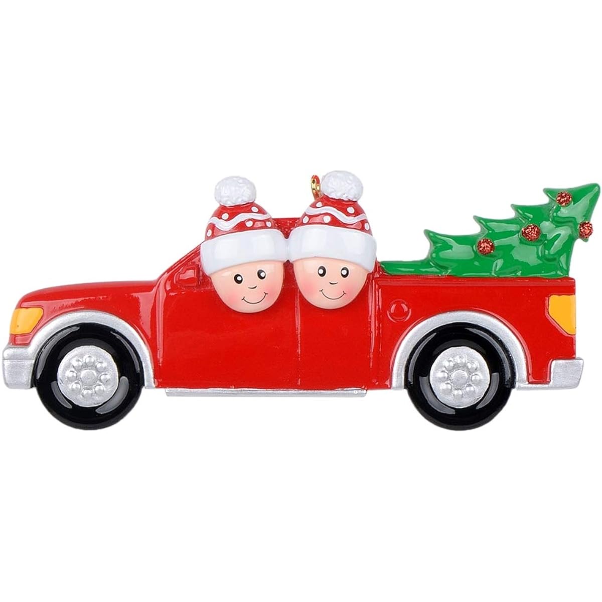 Red Christmas Pickup Truck Ornament - Family of Two Christmas Tree Ornament 2022 - Custom Holiday Keepsake Gift for Kids, Grandchildren, and Friends